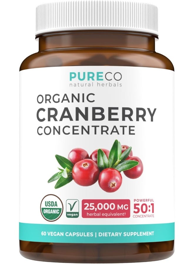 PURE CO Organic Cranberry Pills - 50:1 Concentrate Equals 25,000mg of Fresh Cranberries (Vegan) for Urinary Tract Health & Kidney Cleanse - Cranberry Pills for Women - UTI Support Supplement - 60 Capsules - Image 1